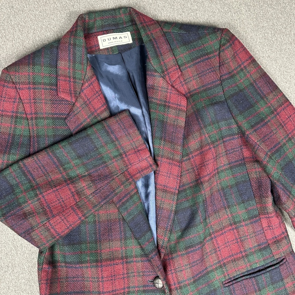 DUMAS Blazer Women Medium Red Good Vintage Wool Blend Plaid Tartan USA Made